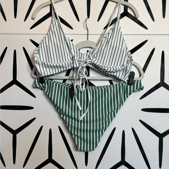 NWT ZAFUL Tie Back Bralette Bikini Set High Cut White Green Stripe XL - Picture 9 of 13